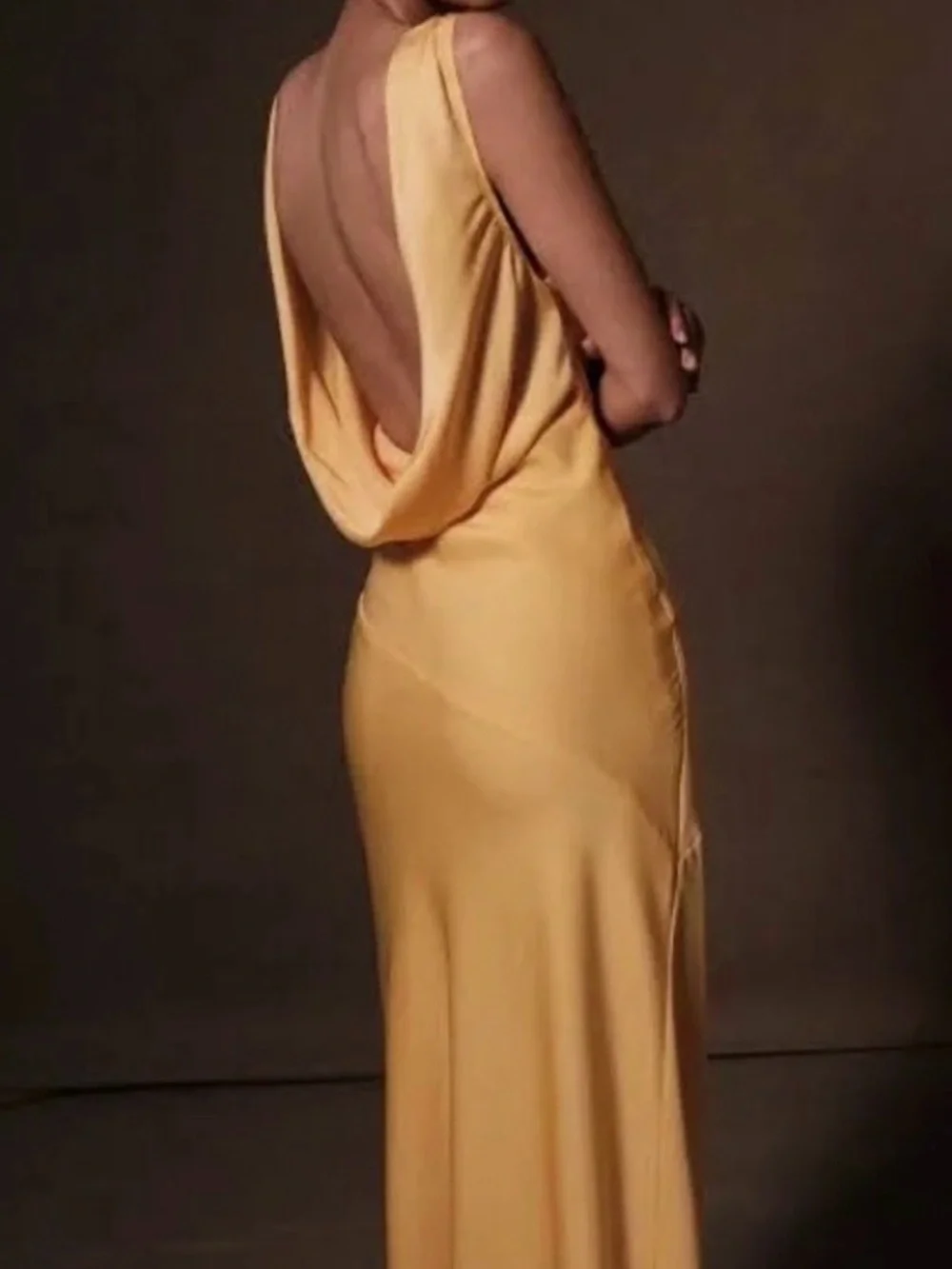 Elegant Yellow Nadia Maxi Satin Dress with Cowl-Back